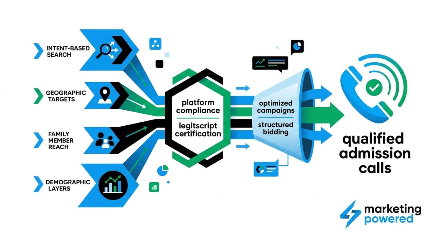 From intent-based search, geographic targets, and family-member reach through platform compliance to qualified admission calls
