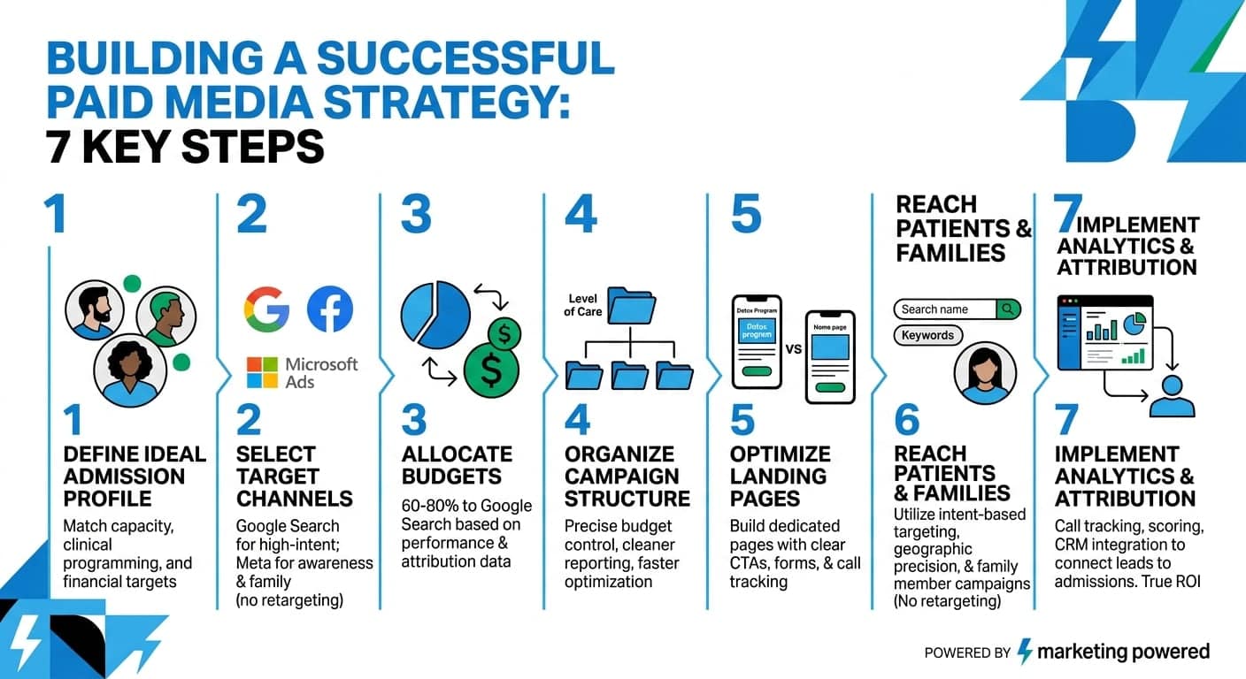 Building a successful paid media strategy in seven steps: define the admission profile, select channels, allocate budget, structure campaigns, optimize landing pages, reach patients and families, and implement attribution