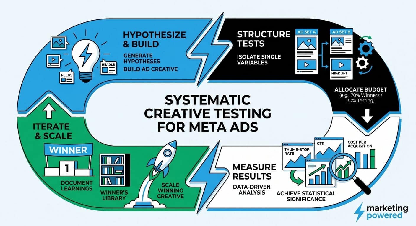 The systematic creative testing loop for Meta Ads: hypothesize and build, structure tests, measure results, and iterate and scale