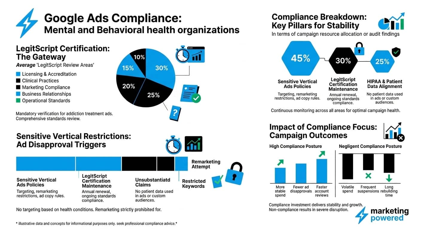 Google Ads compliance data: the LegitScript certification gateway, key compliance pillars, ad-disapproval triggers, and the impact of a compliance-first posture