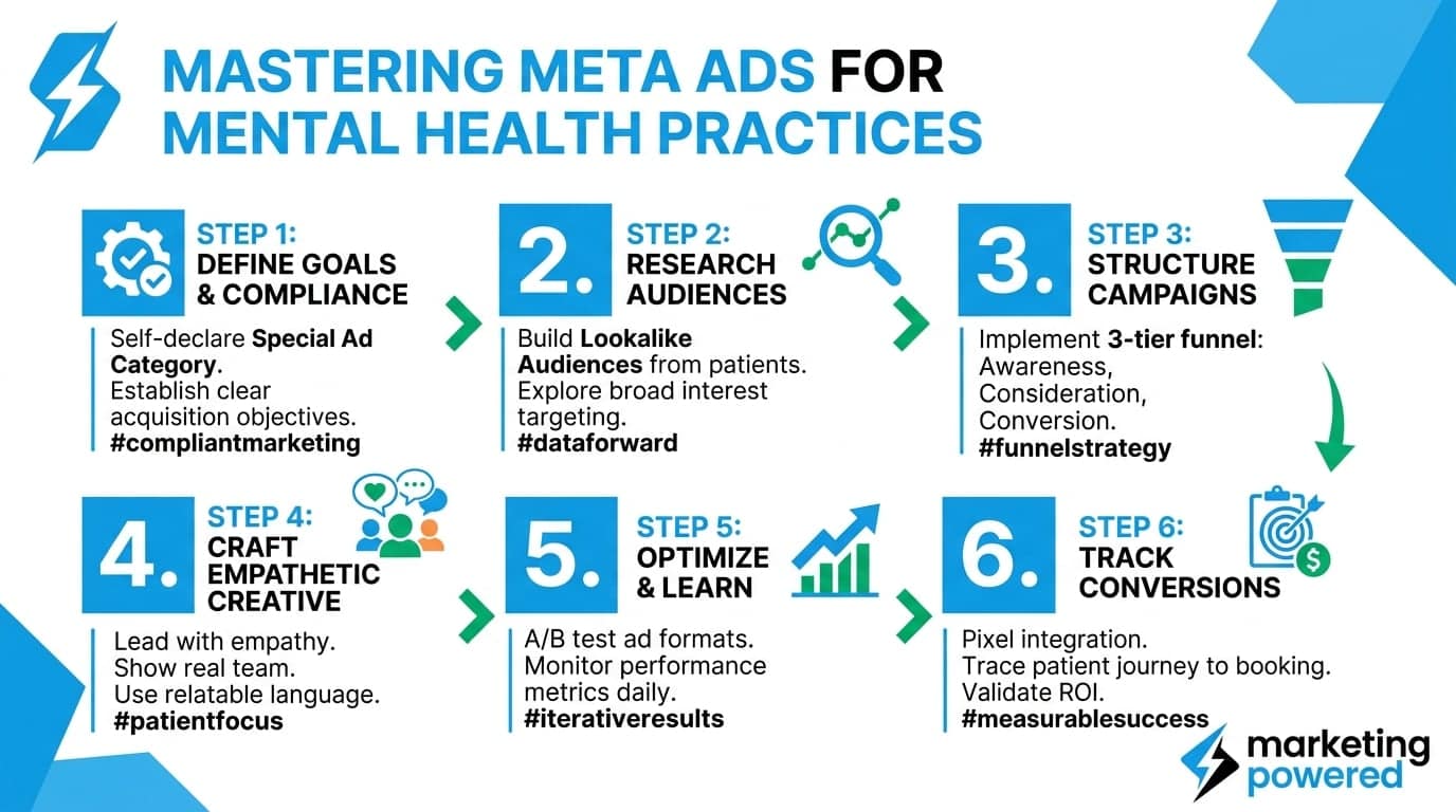 Mastering Meta Ads for mental health practices: define goals and compliance, research audiences, structure campaigns, craft empathetic creative, optimize, and track conversions