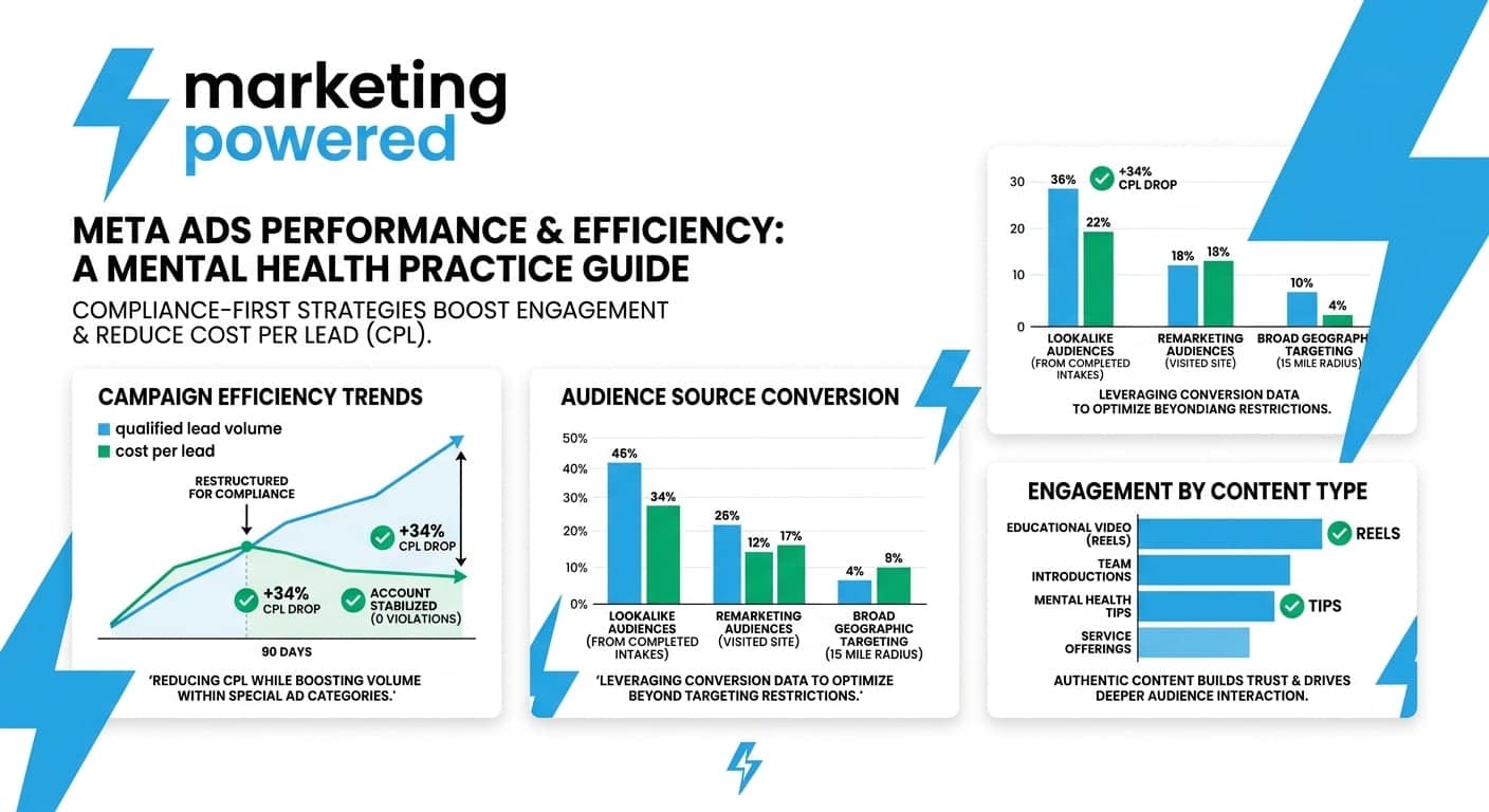 Meta Ads performance and efficiency for a mental health practice: campaign efficiency trends, audience source conversion, and engagement by content type