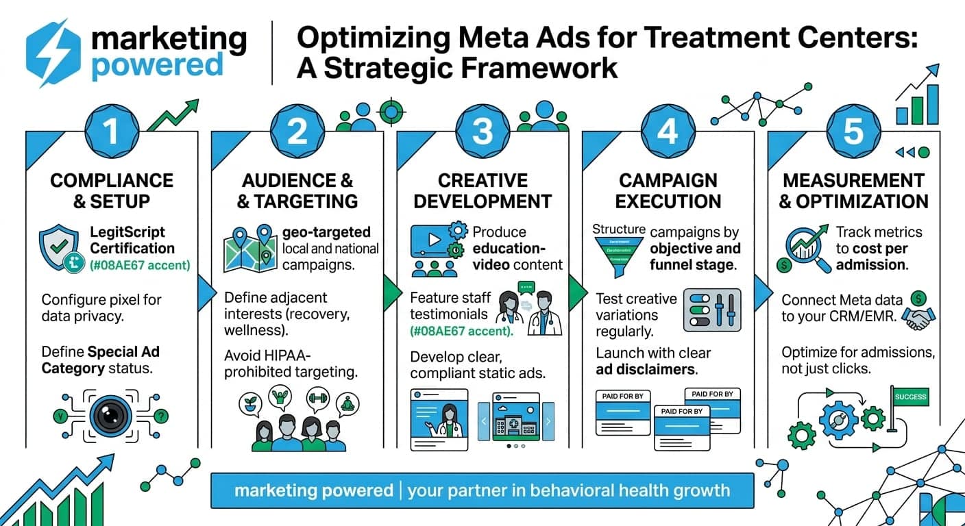 Optimizing Meta Ads for treatment centers, a strategic framework: compliance and setup, audience and targeting, creative development, campaign execution, and measurement