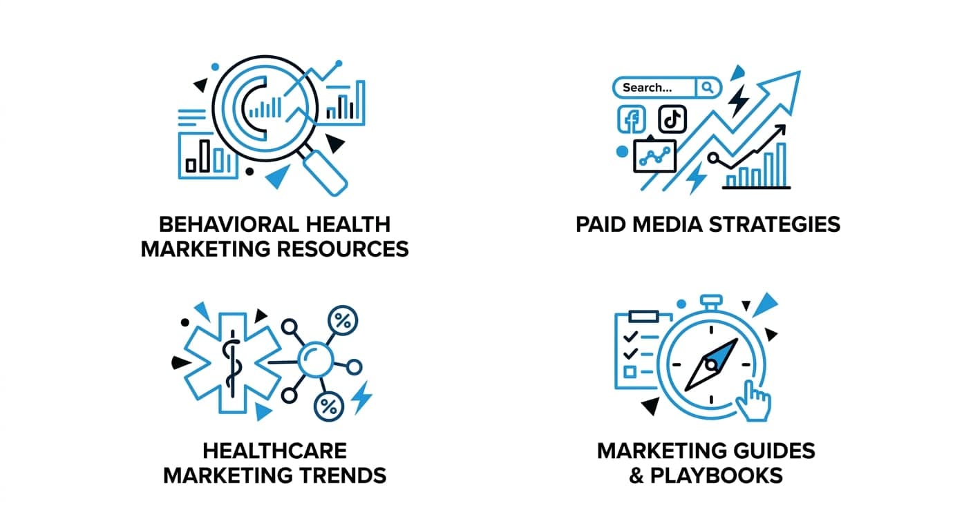 Resource categories: behavioral health marketing resources, paid media strategies, healthcare marketing trends, and marketing guides and playbooks