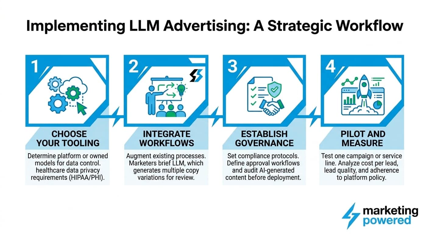 Implementing LLM advertising, a strategic workflow: choose your tooling, integrate workflows, establish governance, and pilot and measure