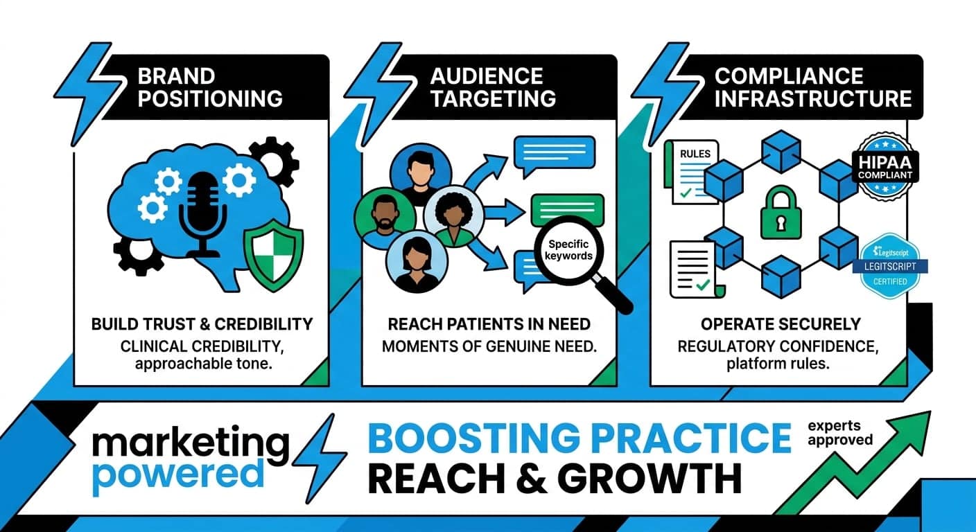 Mental health marketing pillars: brand positioning, audience targeting, and compliance infrastructure boosting practice reach and growth