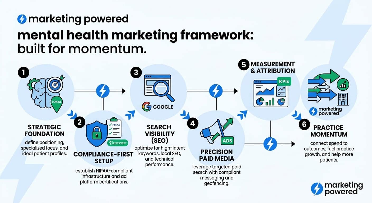 The mental health marketing framework built for momentum: strategic foundation, compliance-first setup, search visibility, paid media, measurement, and practice momentum