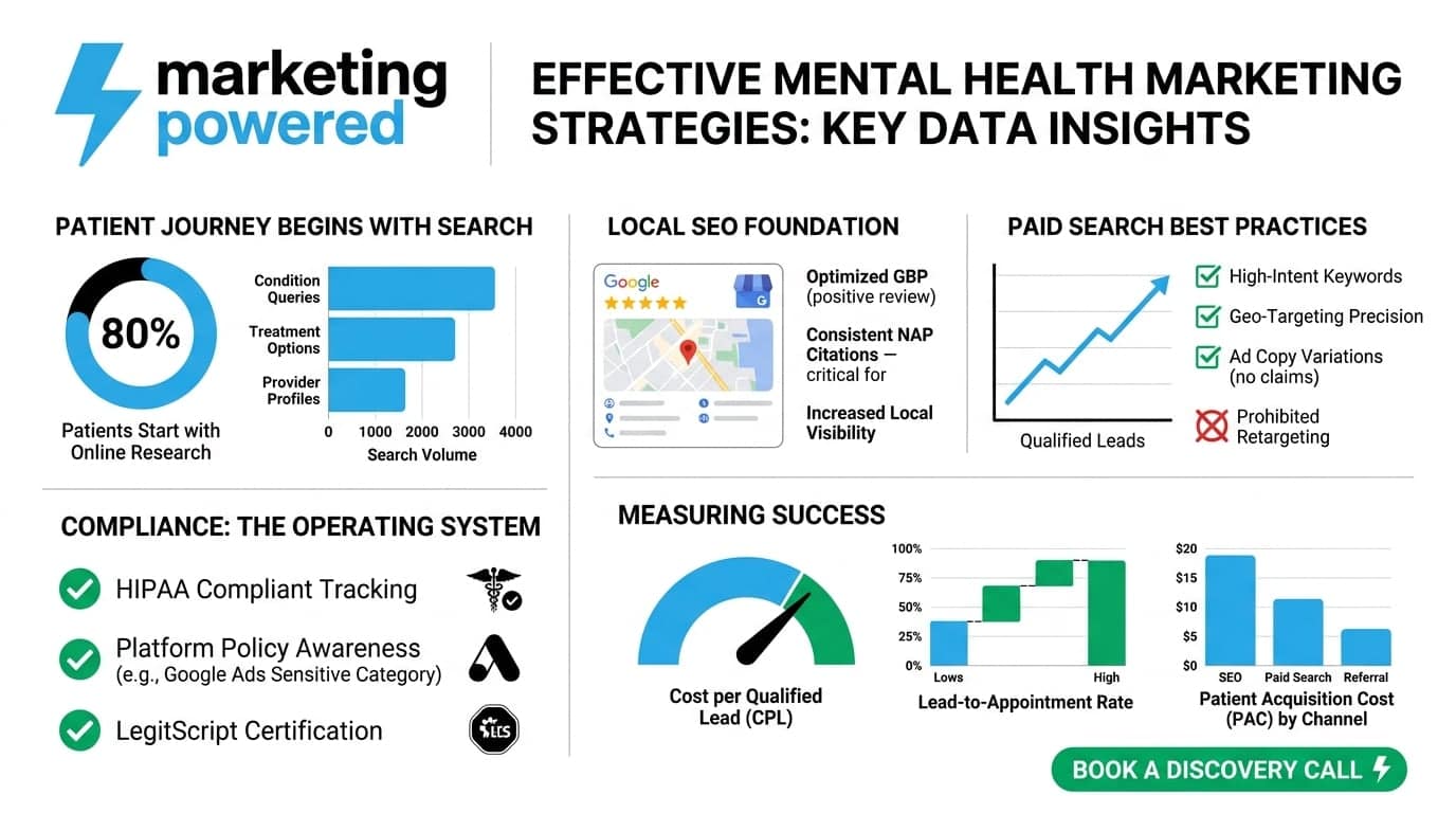 Effective mental health marketing key data insights: patient journey begins with search, local SEO foundation, paid search best practices, and measuring success