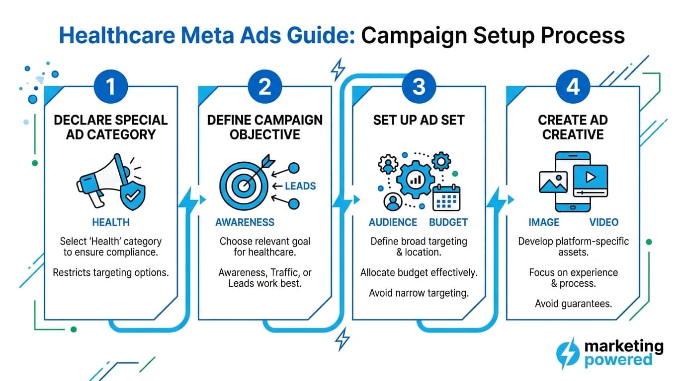Healthcare Meta Ads campaign setup process: declare Special Ad Category, define objective, set up the ad set, and create compliant creative