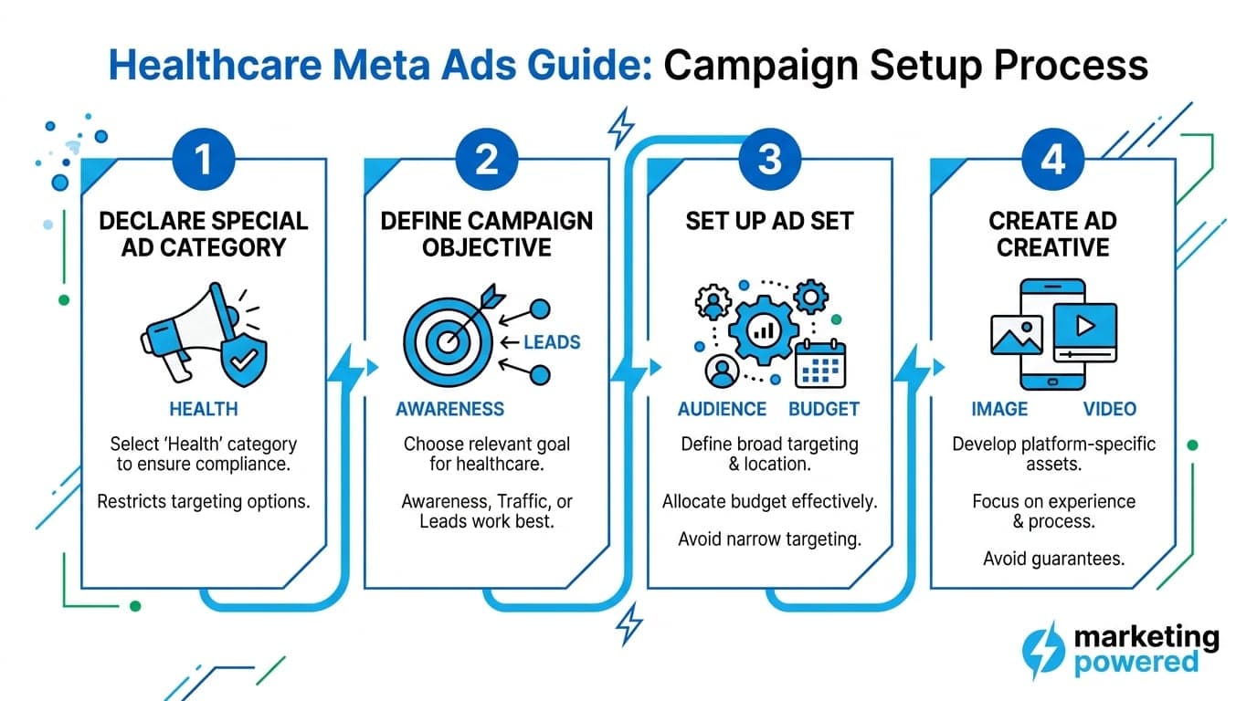Healthcare Meta Ads campaign setup process: declare Special Ad Category, define objective, set up the ad set, and create compliant creative