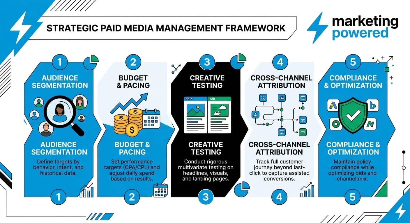 The strategic paid media management framework: audience segmentation, budget and pacing, creative testing, cross-channel attribution, and compliance and optimization