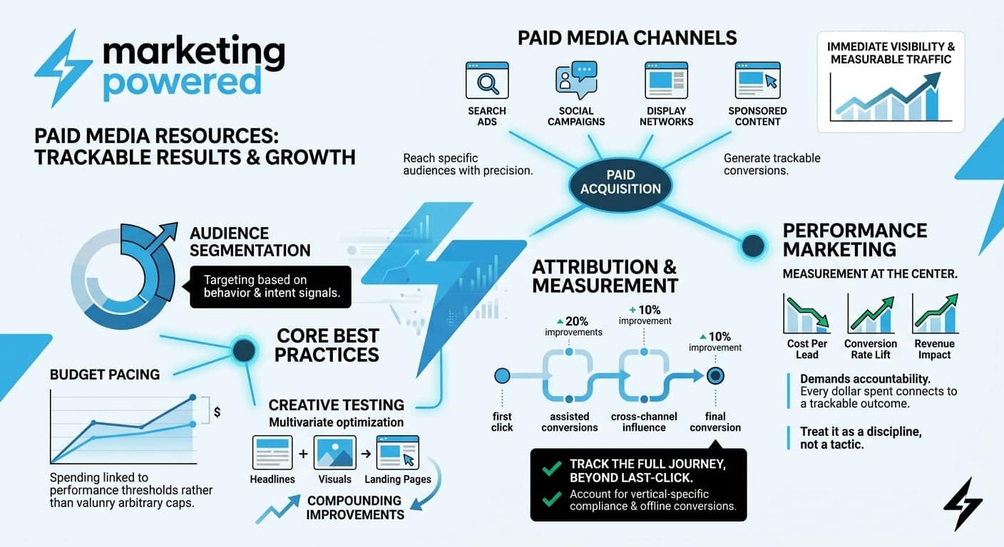 Paid media resources for trackable results and growth: channels, audience segmentation, core best practices, attribution and measurement, and performance marketing