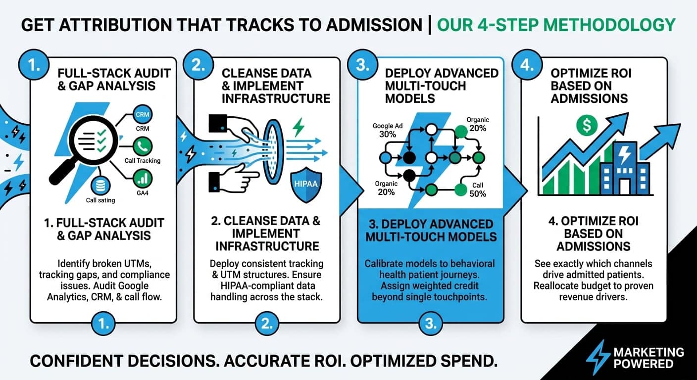 Attribution methodology: full-stack audit, cleanse data and infrastructure, deploy multi-touch models, and optimize ROI based on admissions