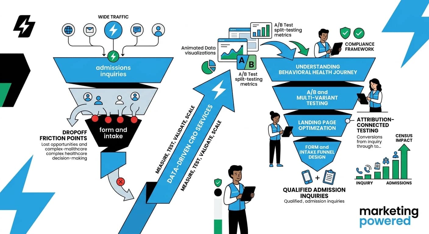 Data-driven CRO funnel: from website visitors through A/B testing to qualified admission inquiries and census impact