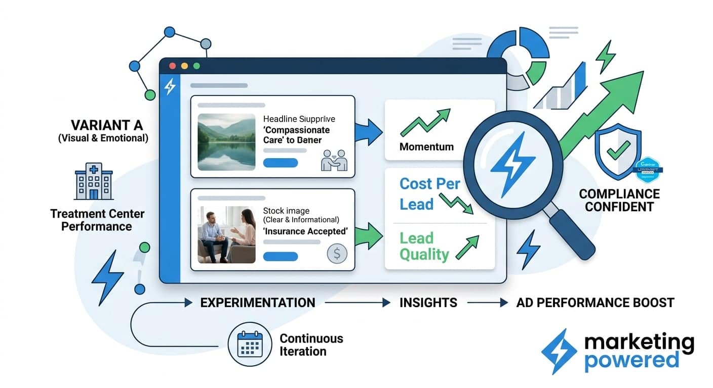 Creative testing flow: variant experimentation through insights to ad performance boost, with compliance confidence