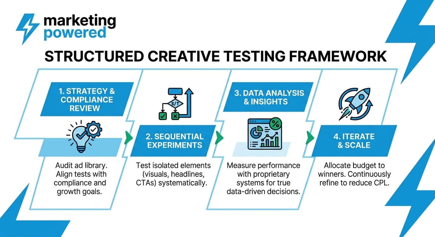 Structured creative testing framework: strategy and compliance review, sequential experiments, data analysis, iterate and scale