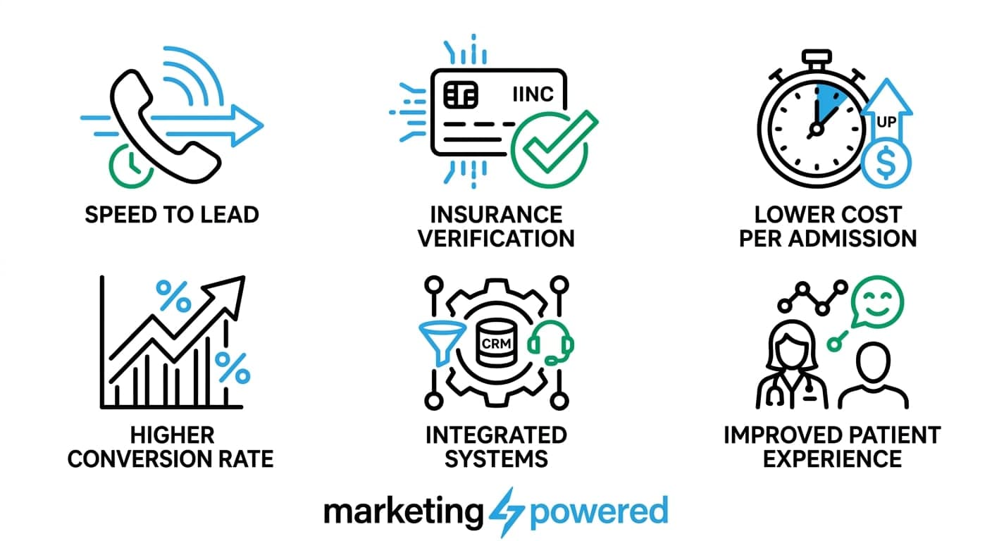 Intake optimization capabilities: speed to lead, insurance verification, lower cost per admission, higher conversion, integrated systems, better patient experience