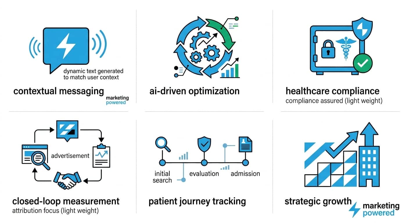 LLM advertising capabilities: contextual messaging, AI-driven optimization, healthcare compliance, closed-loop measurement, patient journey tracking, strategic growth