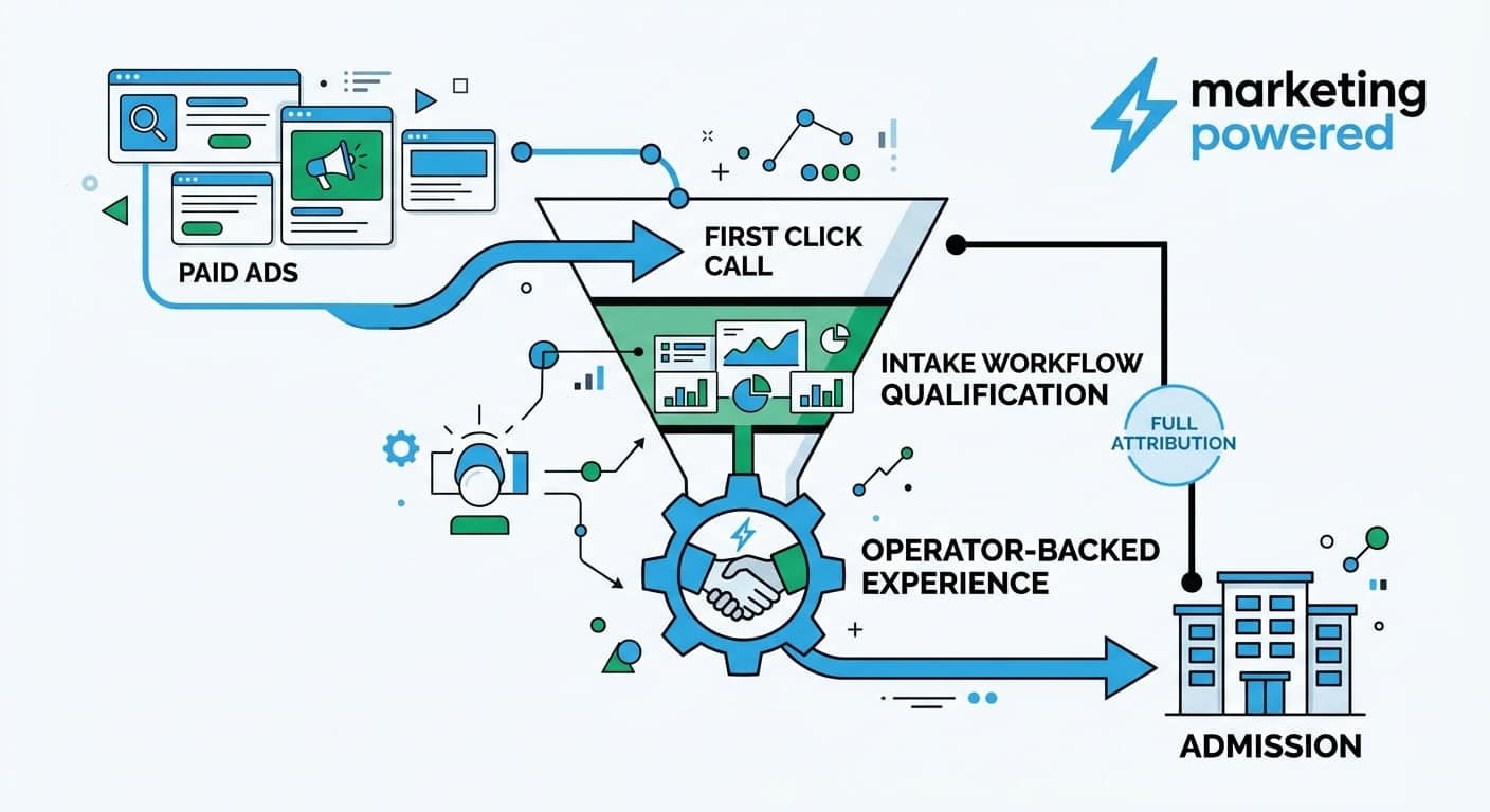 Paid ads to admission funnel: first click and call, intake qualification, operator-backed experience