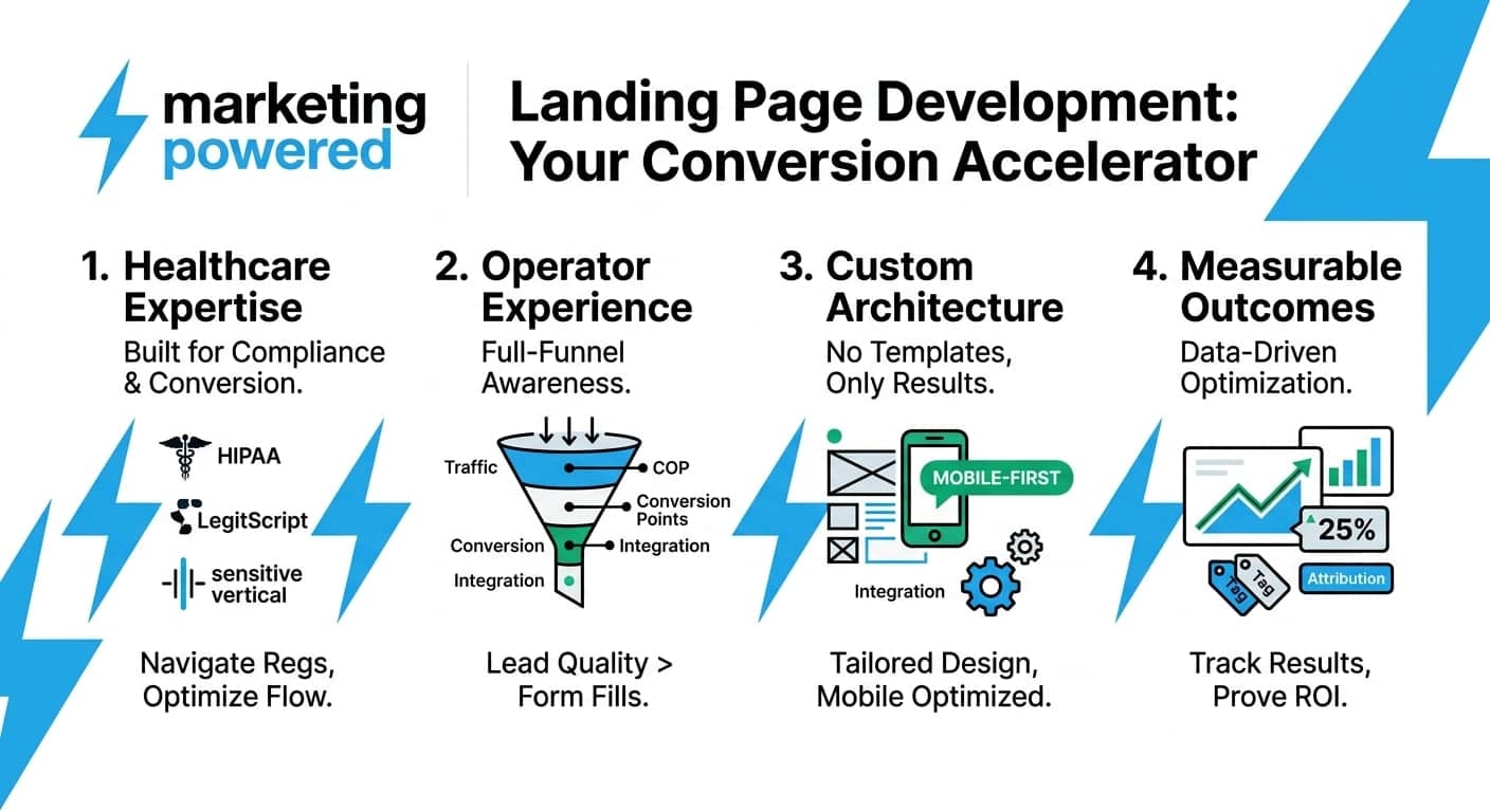 Landing page development as your conversion accelerator: healthcare expertise, operator experience, custom architecture, measurable outcomes