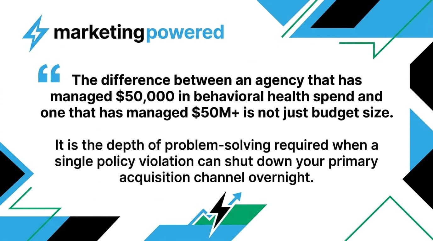 The difference between an agency that has managed $50,000 in behavioral health spend and one that has managed $50M+ is the depth of problem-solving when a single policy violation can shut down your primary channel overnight