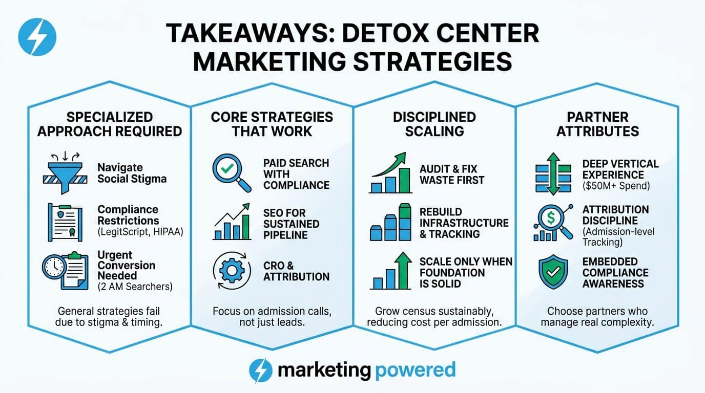 Takeaways for detox center marketing: a specialized approach, core strategies that work, disciplined scaling, and the right partner attributes