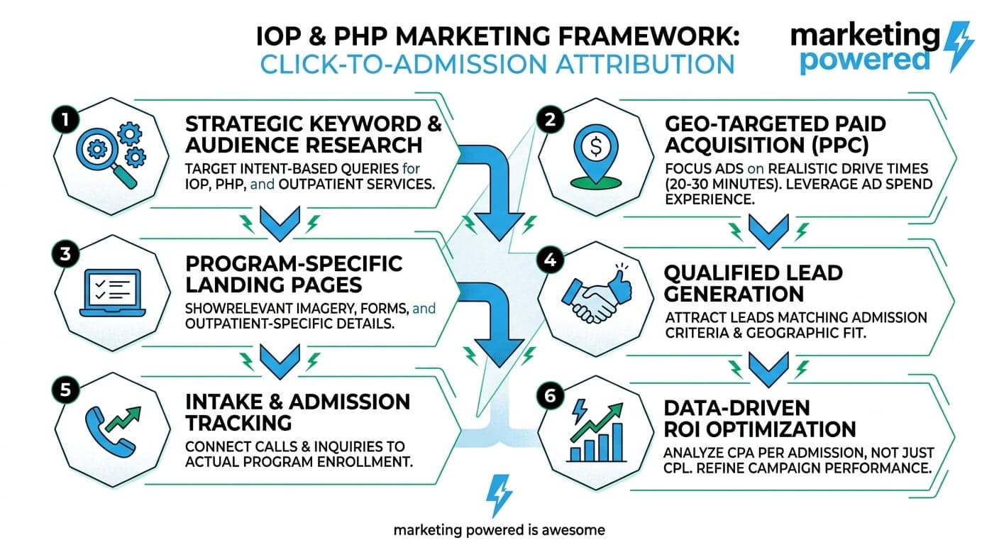 The IOP and PHP marketing framework: click-to-admission attribution across keyword research, geo-targeted acquisition, landing pages, and ROI optimization