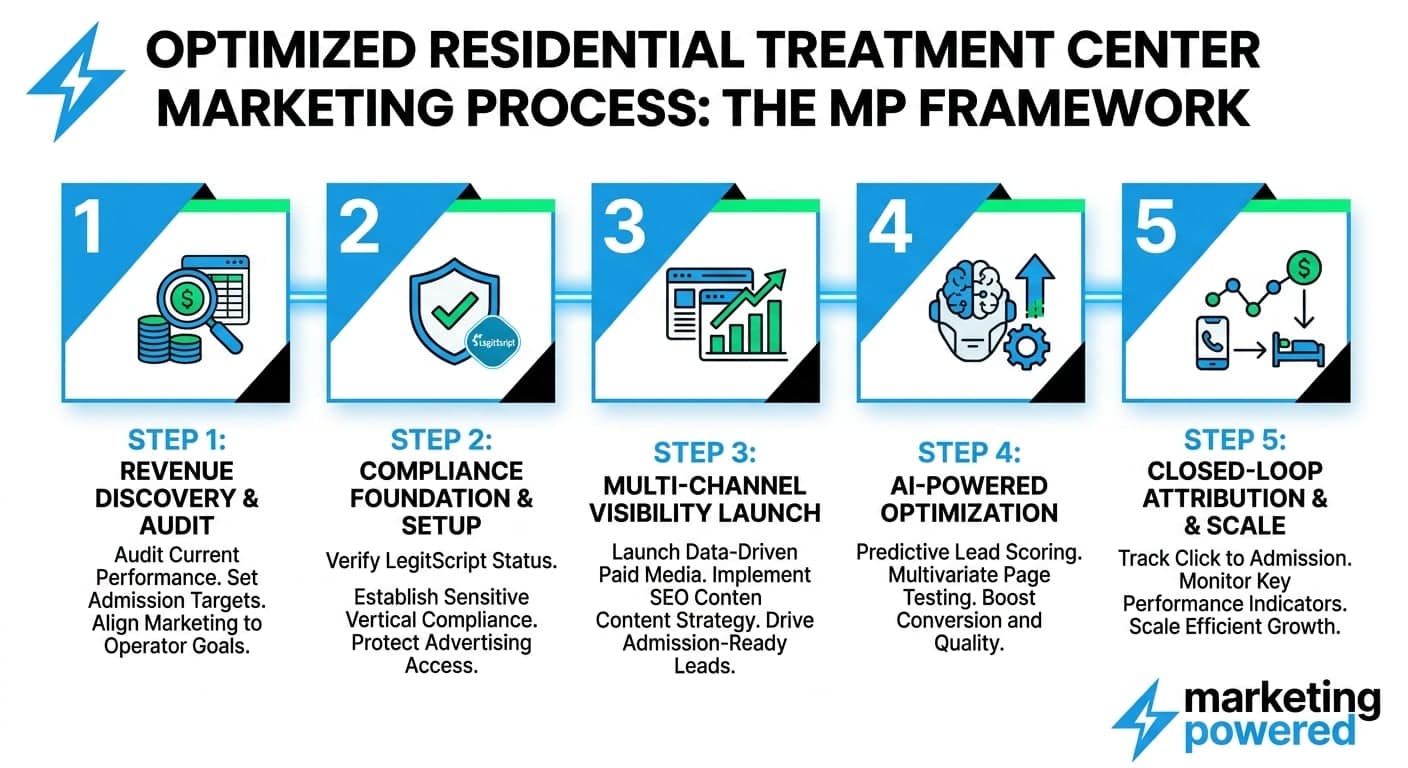 The MP framework for residential treatment center marketing: revenue audit, compliance foundation, multi-channel visibility, AI optimization, closed-loop attribution