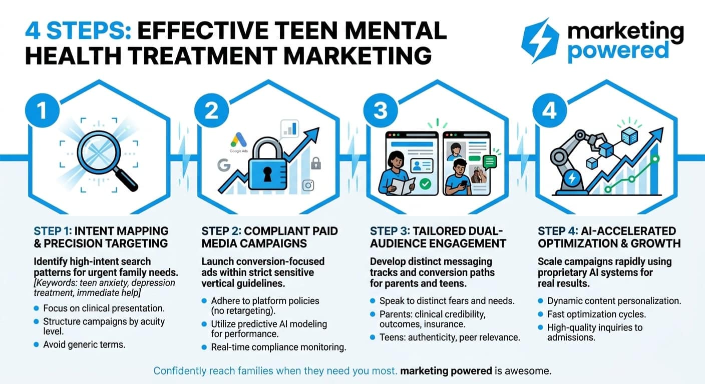 Four steps to effective teen mental health treatment marketing: intent mapping, compliant paid media, dual-audience engagement, and AI-accelerated growth
