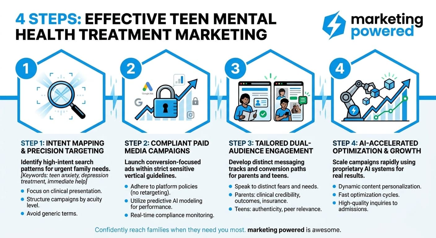 Four steps to effective teen mental health treatment marketing: intent mapping, compliant paid media, dual-audience engagement, and AI-accelerated growth