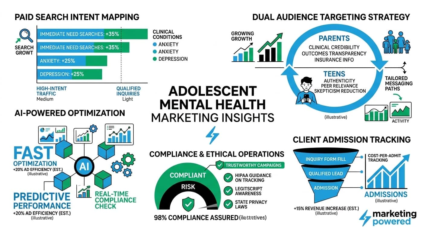 Adolescent mental health marketing insights: paid search intent mapping, dual-audience targeting, AI-powered optimization, and compliance assurance