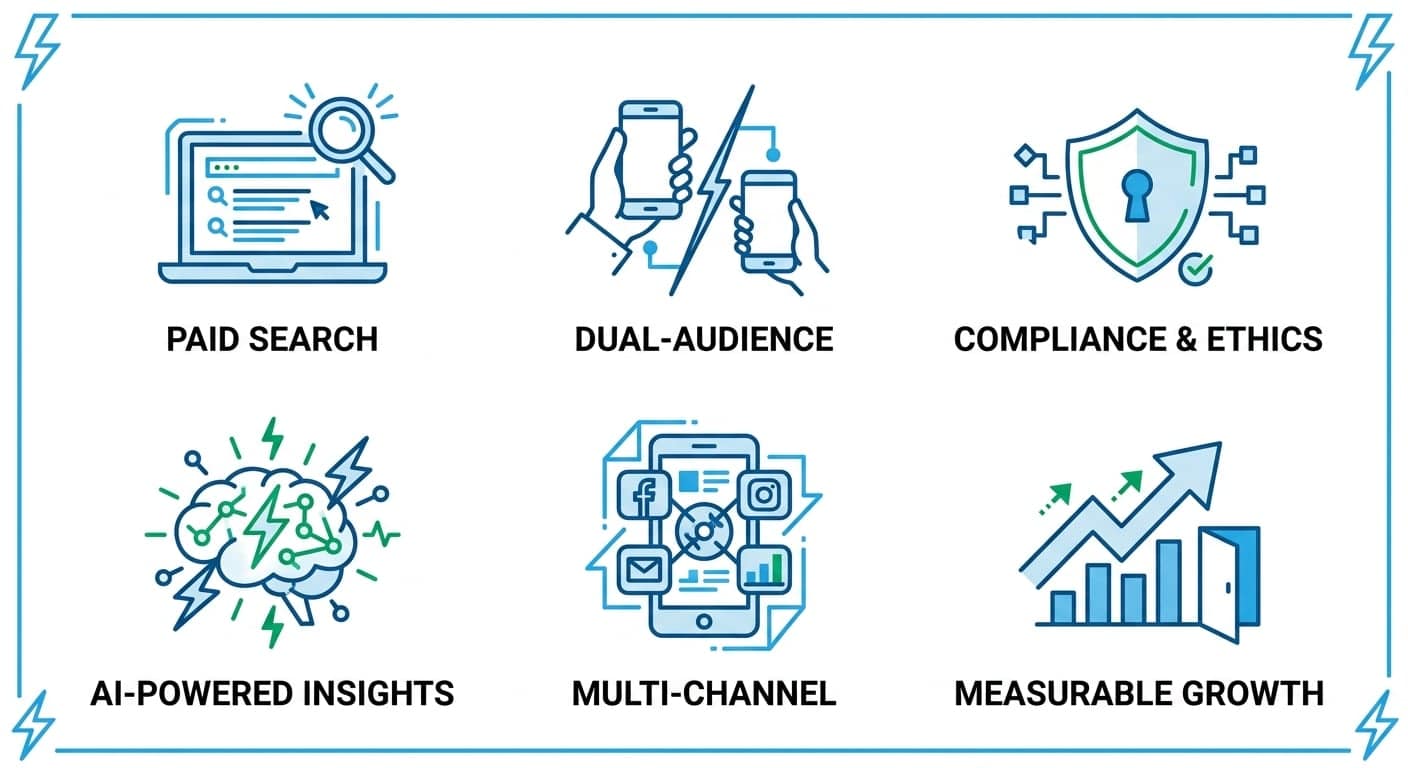 Adolescent mental health marketing capabilities: paid search, dual-audience reach, compliance and ethics, AI-powered insights, multi-channel, and measurable growth