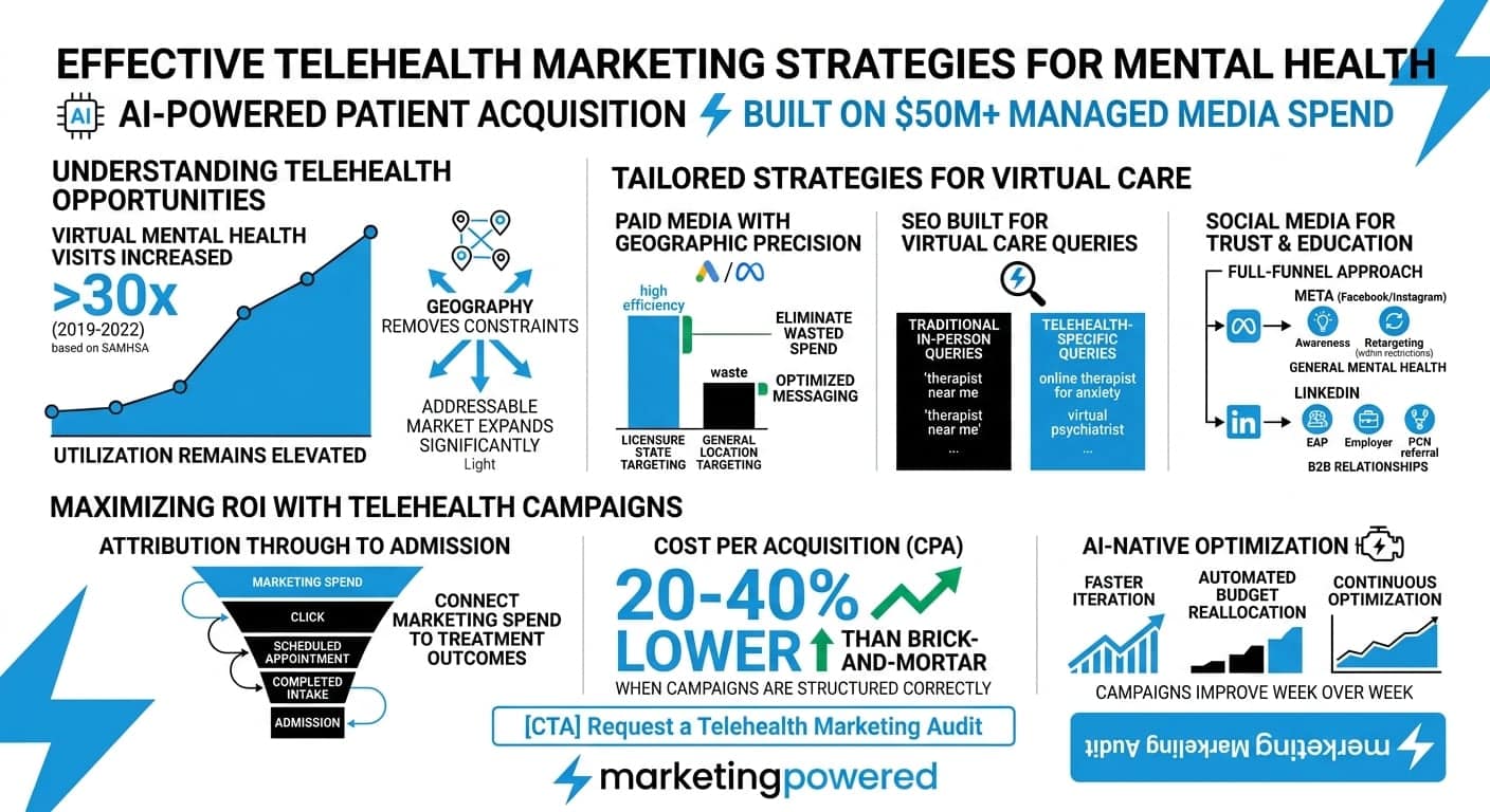 Effective telehealth marketing strategies: virtual visits up 30x, geographic precision, attribution to admission, 20-40% lower cost per acquisition