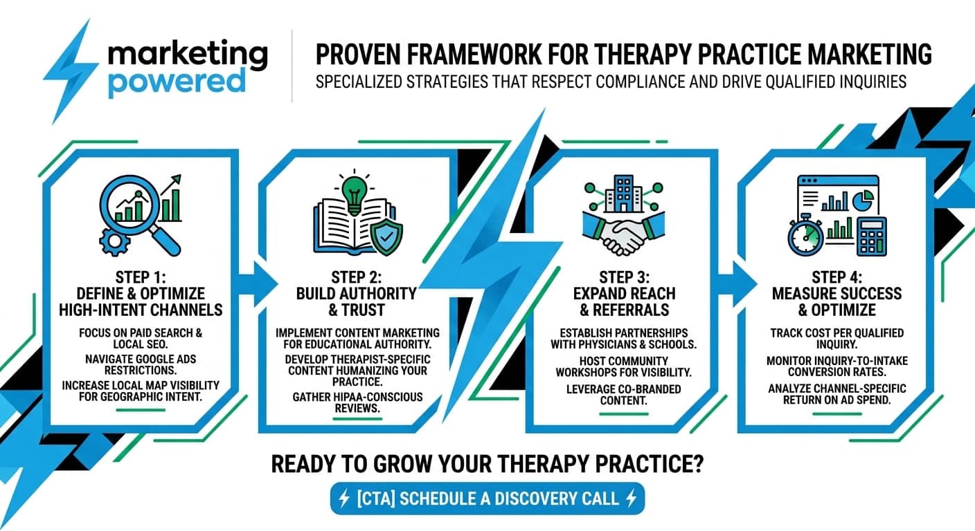 Proven framework for therapy practice marketing: define and optimize high-intent channels, build authority and trust, expand reach and referrals, measure and optimize