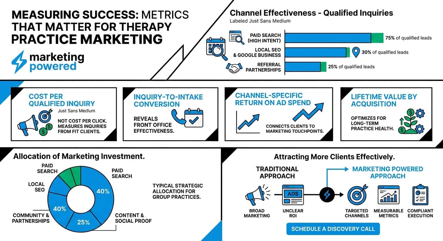 Measuring success for therapy practice marketing: channel effectiveness, inquiry-to-intake conversion, return on ad spend, and lifetime value by acquisition