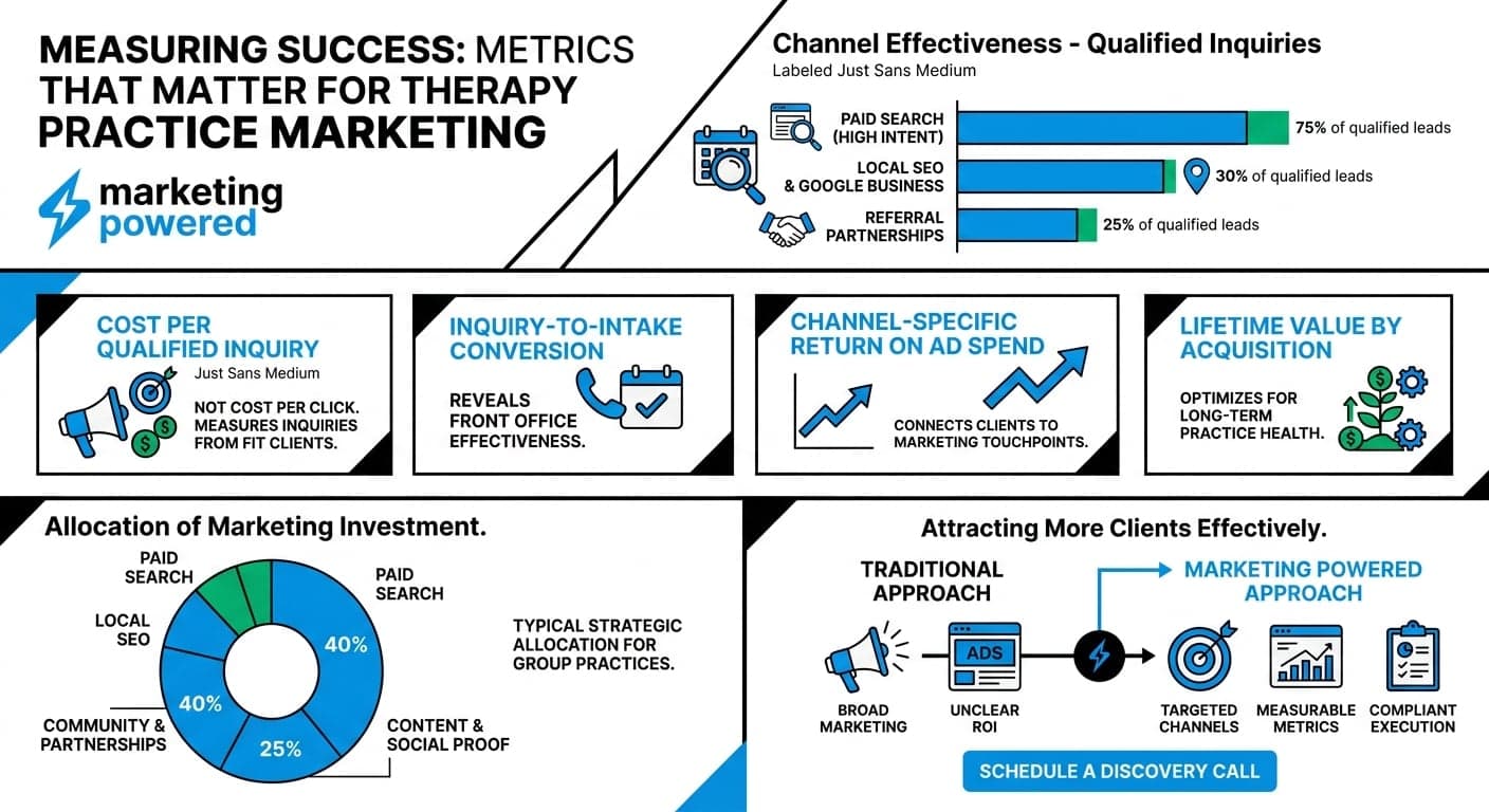 Measuring success for therapy practice marketing: channel effectiveness, inquiry-to-intake conversion, return on ad spend, and lifetime value by acquisition